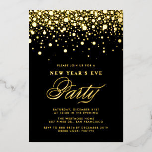 Gold Foil Confetti Dots Black Silvester Party Folieneinladung