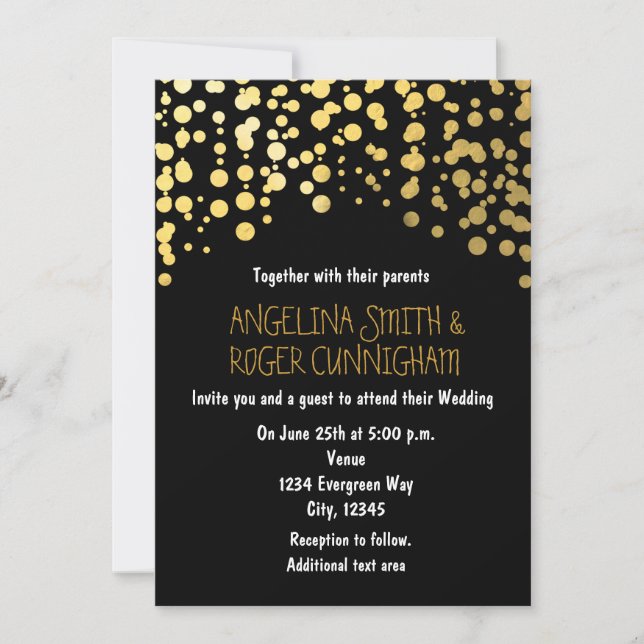 Gold Foil Confetti Dots Black Wedding Einladung (Vorderseite)
