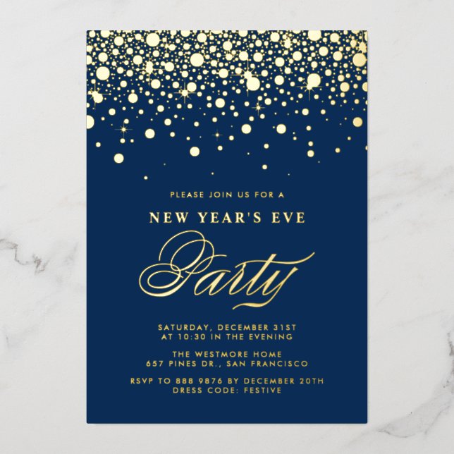 Gold Foil Confetti Dots Blauer Silvesterabend Part Folieneinladung (Vorderseite)