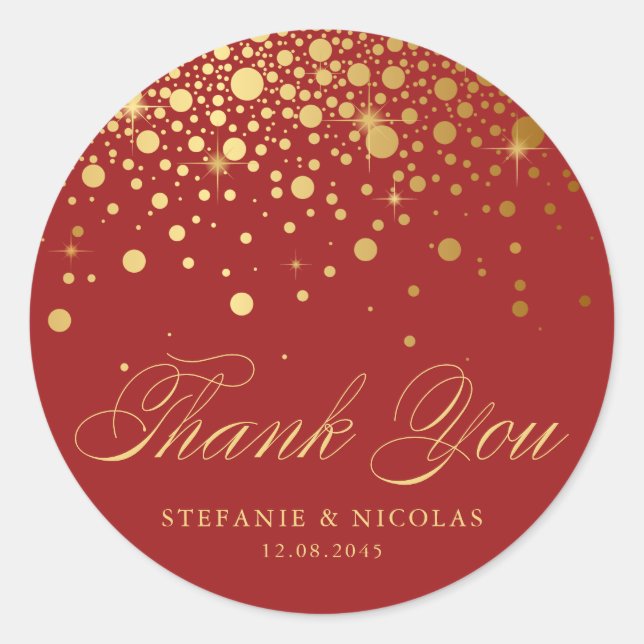 Gold Foil Confetti Red Wedding Vielen Dank Runder Aufkleber (Vorderseite)
