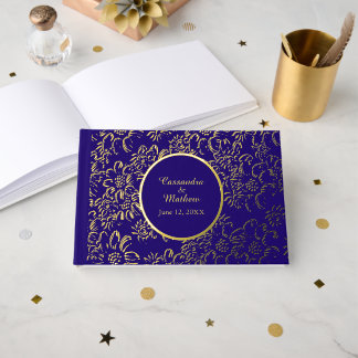Gold Foil Daisies Floral Royal Blue Wedding Gästebuch