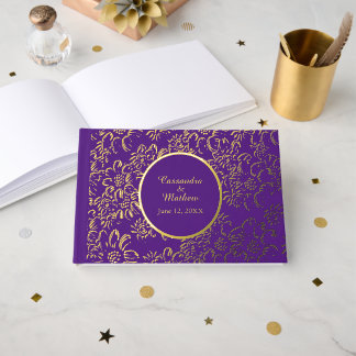 Gold Foil Daisies Floral Royal Lila Wedding Gästebuch