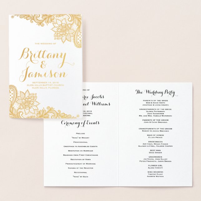Gold Foil Damask Lace Vintage Wedding Program Folienkarte (Anzeige)