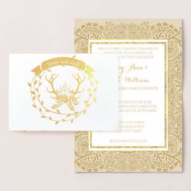 Gold Foil Deer Antler Wreath Wedding Invitations (Affichage)