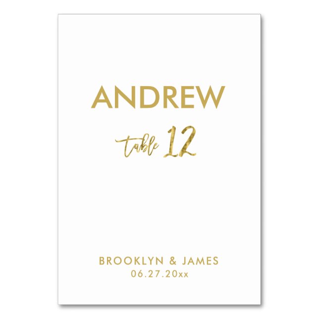 Gold Foil Effect Wedding Table Cards Tabelle 12 Tischnummer (Vorderseite)
