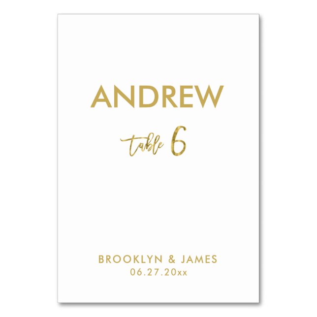 Gold Foil Effect Wedding Table Cards Tabelle 6 Tischnummer (Vorderseite)
