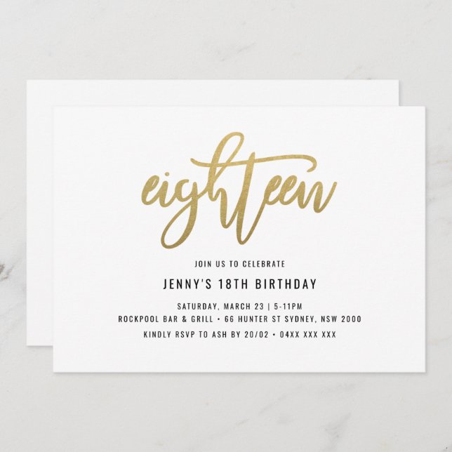 Gold Foil Effet 18e anniversaire Invitation (Devant / Derrière)