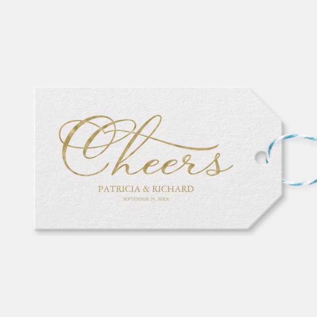 Gold Foil Elegantes Script Cheers Weinflaschen Tag Geschenkanhänger (Vorderseite (Horizontal))