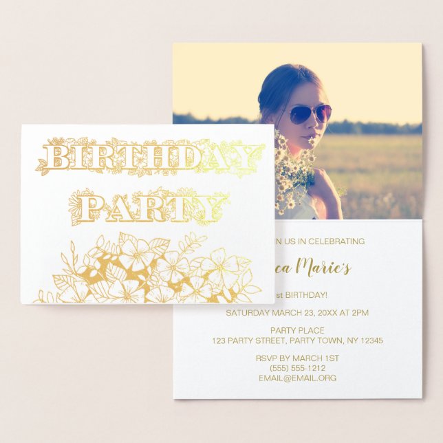 Gold Foil Floral Anniversaire Fête Invitation Phot (Affichage)
