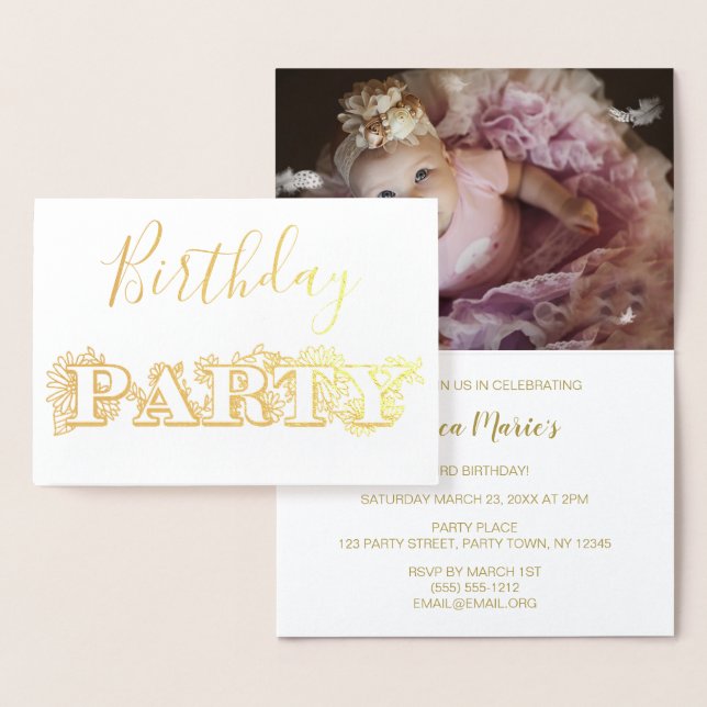 Gold Foil Floral Anniversaire Fête Invitation Phot (Affichage)
