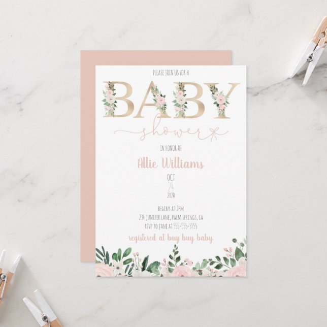 Gold Foil Floral Baby Girl Baby shower Invitation (Devant/Arrière en situation)