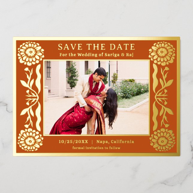 Gold Foil Floral Marigold Indianer Save the Date Folieneinladung (Vorderseite)
