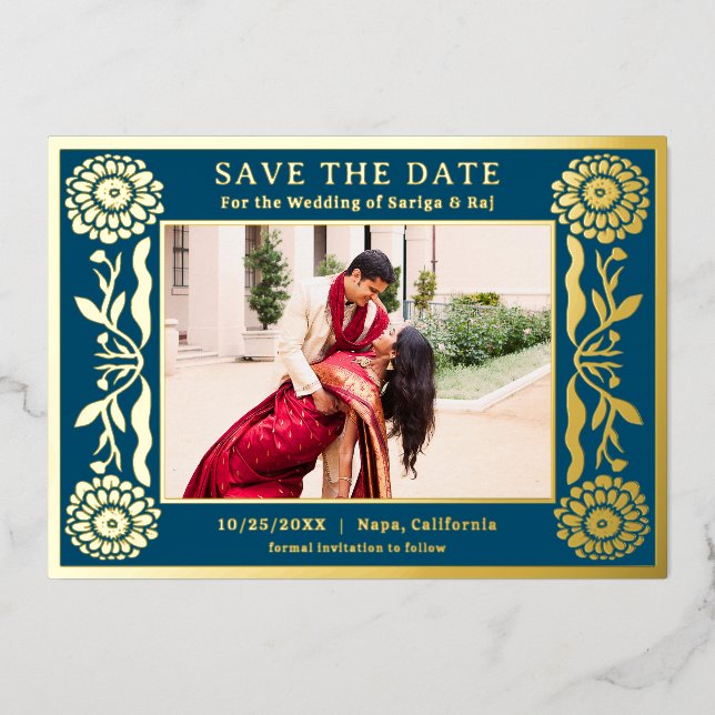 Gold Foil Floral Marigold Indianer Save the Date Folieneinladung (Vorderseite)