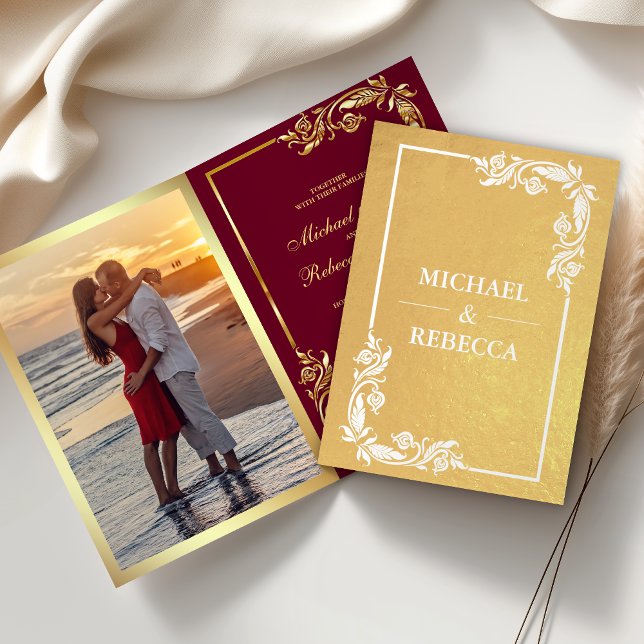 Gold Foil Floral Photo Faire-part de mariage rouge (Créateur téléchargé)