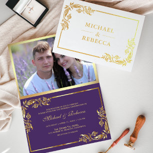 Gold Foil Floral Photo Purple Faire-part de mariag