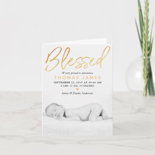 Gold Foil Foto Birth Announcement Feiertagskarte (Vorderseite)