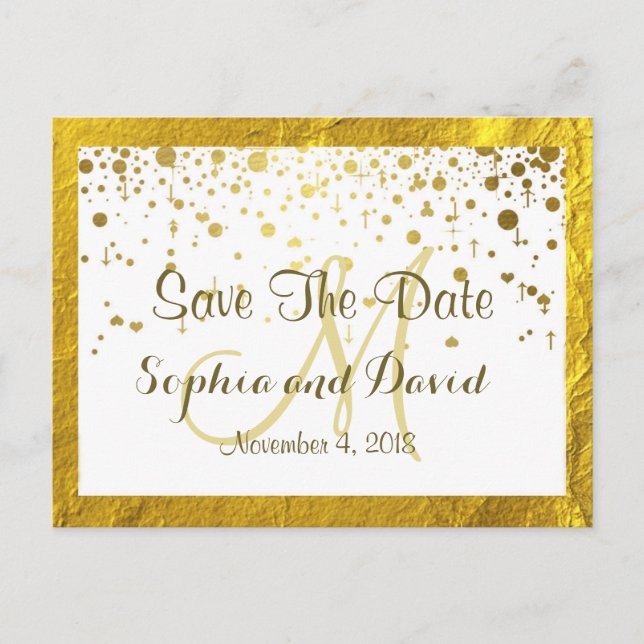 Gold Foil Frame Confetti Hochzeit SPEICHERN DAS DA Ankündigungspostkarte (Vorderseite)