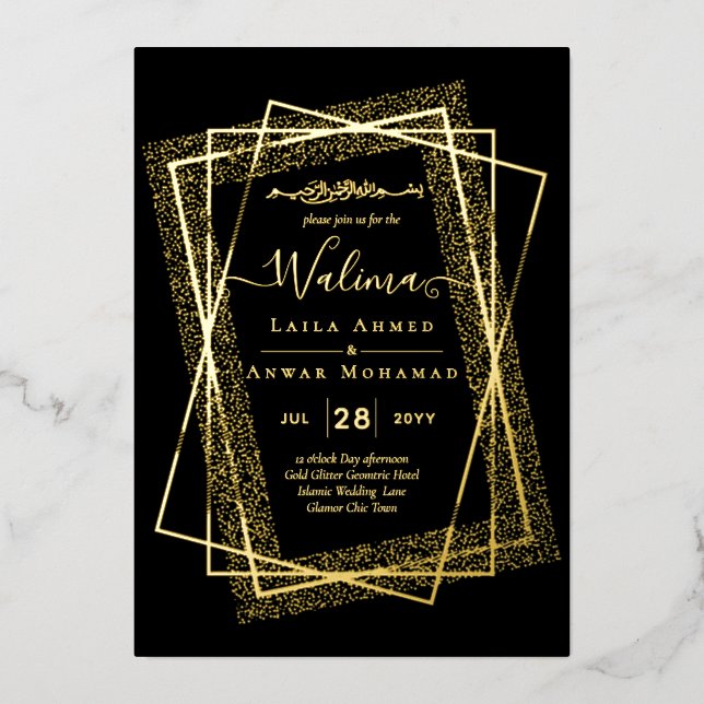 GOLD FOIL Frame Text Nikah Walima Islamische Hochz Folieneinladung (Vorderseite)