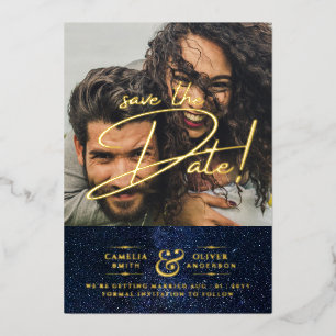 Gold Foil Galaxy Navy Save the Date QR Code Folieneinladung