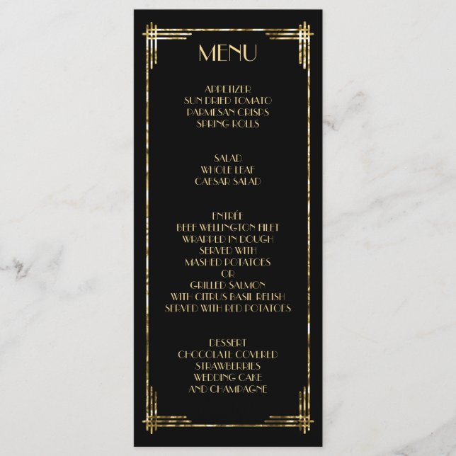 Gold Foil Great Gatsby Art Déco Menu Mariage (Devant)