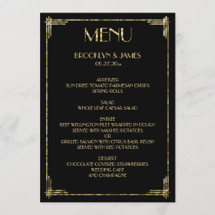 Gold Foil Great Gatsby Art Déco Menu Mariage Noir