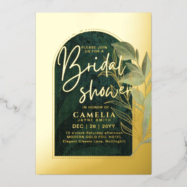 GOLD FOIL Green Blätter BRAUTPARTY QR Code Folieneinladung (Vorderseite)