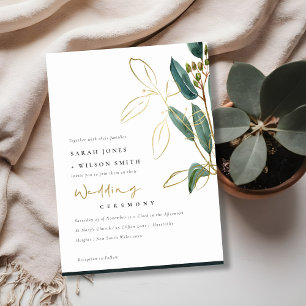 GOLD FOIL GREEN EUCALYPTUS FOLIAGE WEDING INVITE DANKESKARTE