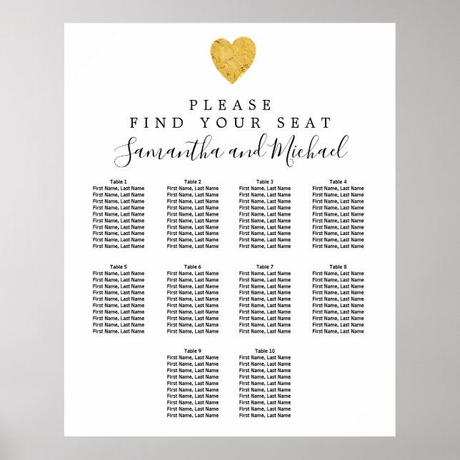 Gold Foil Heart 10-Tisch Hochzeitskarte Poster (Vorne)