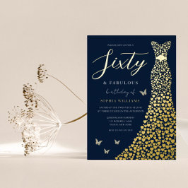 Gold Foil Heart Gown mit Navy 60. Geburtstagsparty Folieneinladung