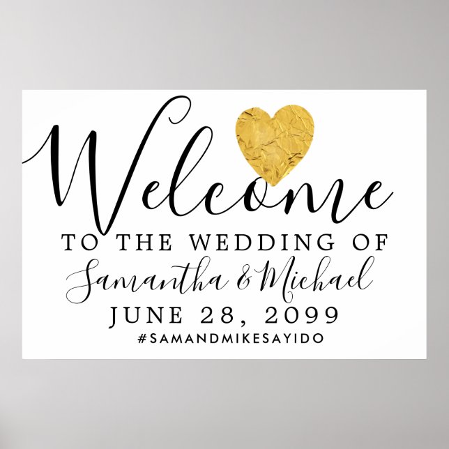 Gold Foil Heart Modern Wedding Willkommenszeichen Poster (Vorne)