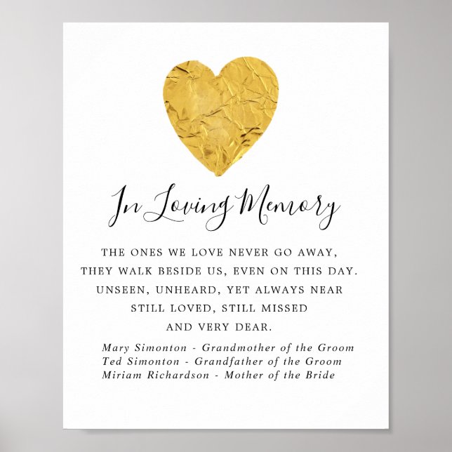Gold Foil Heart Wedding Memorial Sign Poster (Vorne)