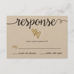 Gold Foil Hearts Kraft Paper Wedding RSVP Card Karte
