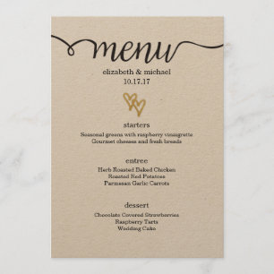 Gold Foil Hearts Kraft Papier Mariage Menu