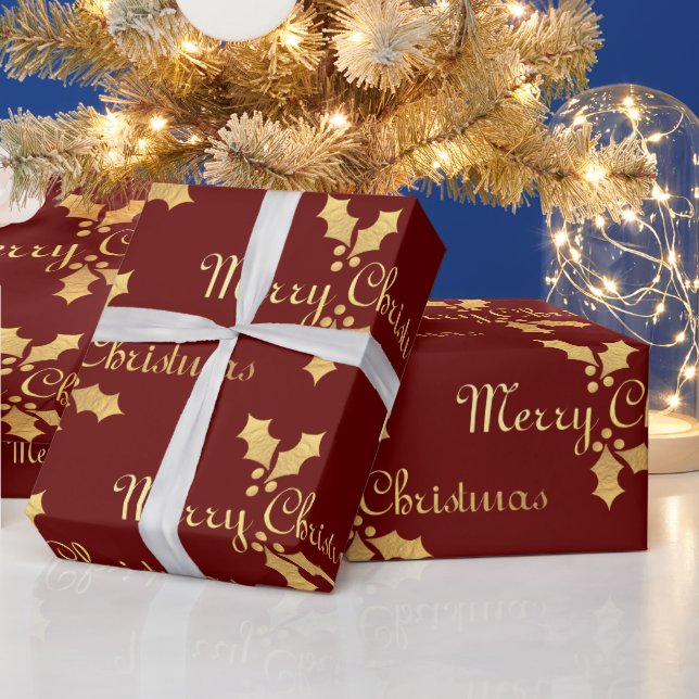 Gold Foil Holly Merry Christmas Geschenkpapier (Feiertage)