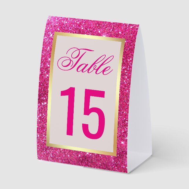 Gold Foil Hot Pink Glitter Wedding Table Number Tischaufsteller (Vorderseite)