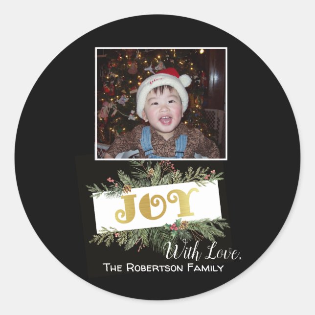Gold Foil JOY Modernes Holiday FOTO Runder Aufkleber (Vorderseite)