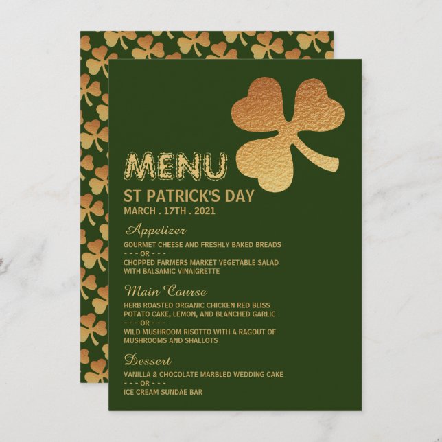 Gold Foil Kleeblatt, St Patrick's Day Menu Card Einladung (Vorne/Hinten)