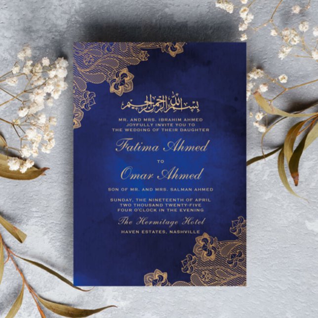 Gold Foil Lace Ornate Blue Islamic Muslim Wedding Einladung (Von Creator hochgeladen)