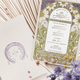 Gold Foil Lavender Daisies Wedding Art Nouveau Folieneinladung