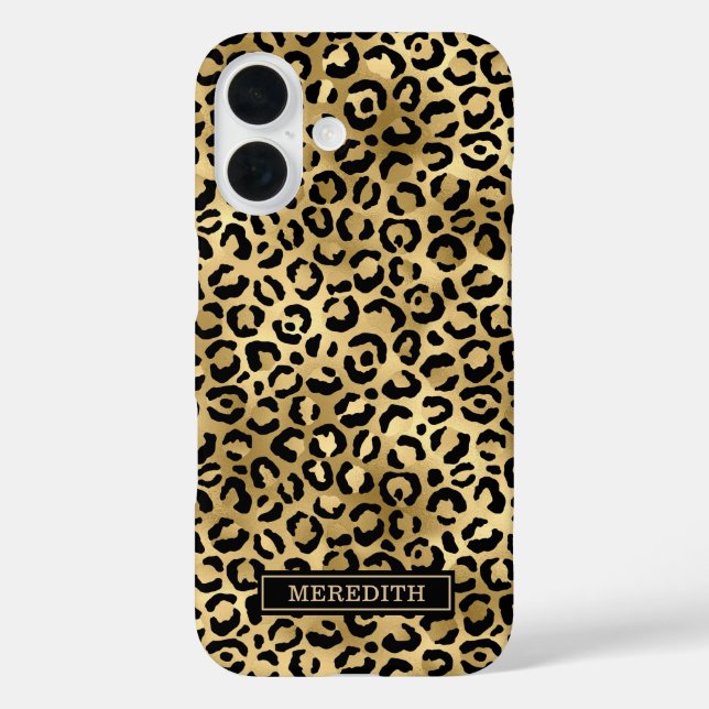 Gold Foil Leopard Print Monogrammed iPhone 16 Hülle (Rückseite)