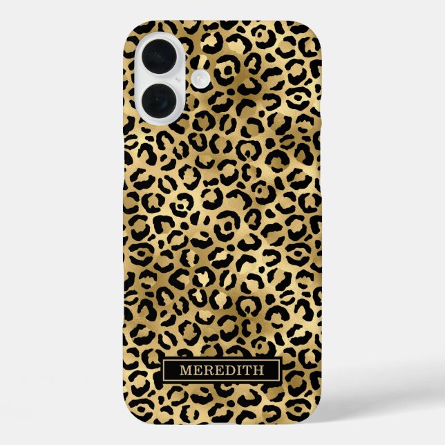 Gold Foil Leopard Print Monogrammed iPhone 16 Plus Hülle (Rückseite)