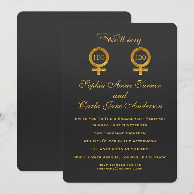 Gold Foil Lesbian Engagement Party Invitation (Devant / Derrière)