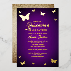 GOLD FOIL Lila Butterfly Quinceanera Folieneinladung