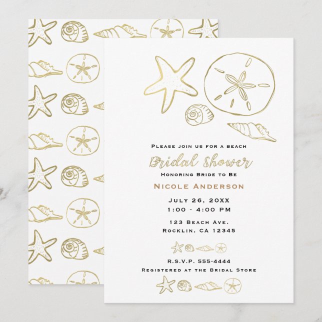 Gold Foil Look Muscheln Chic Beach Brautparty Einladung (Vorne/Hinten)