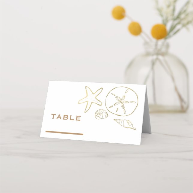 Gold Foil Look Muscheln Chic Beach Elegante Platzkarte (Vorderseite)