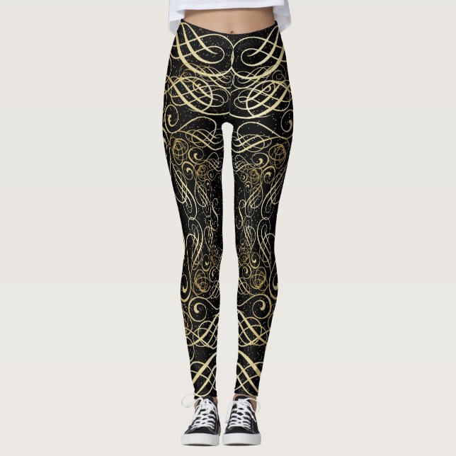 Gold Foil Look Scrollwork Skript auf Black Elegant Leggings (Vorderseite)