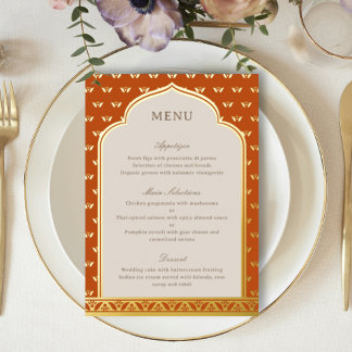 Gold Foil Lotus Blume Indian Wedding Menu Card Folieneinladung