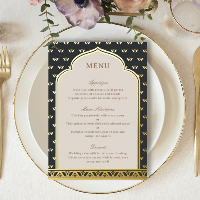 Gold Foil Lotus Blume Indian Wedding Menu Card Folieneinladung (Black indian wedding reception menu, hindu wedding party menu, sangeet menu, mehndi menu, dholki)