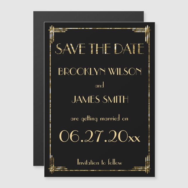 Gold Foil Magnetic Art Deco Hochzeit speichern das Magneteinladung (Vorne/Hinten)