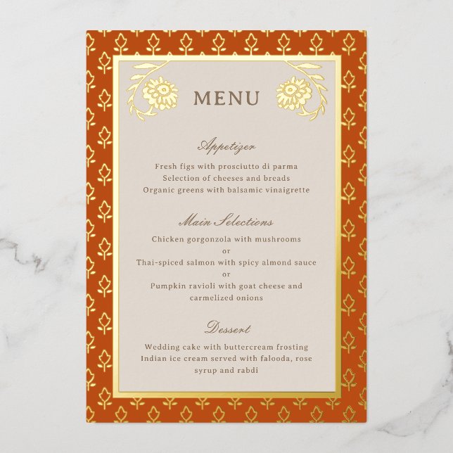 Gold Foil Marigold Blume Wedding Menu Card Folieneinladung (Vorderseite)